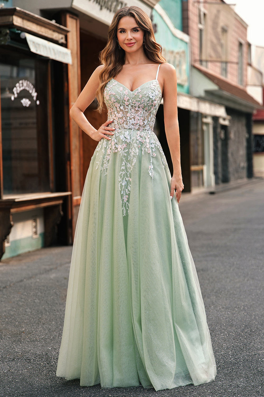 Zapaka Frauen Salbei Ballkleid mit Applikationen A-Linie Spaghettiträger Tüll Langes Abendkleid