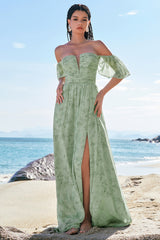 Dusty Sage A-Linie Schulterfreies Brautjungfernkleid mit Schlitz