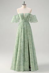 Zapaka Damen Dusty Sage Ballkleid mit Schlitz A-Linie Schulterfreies Druck Langes Hochzeitspartykleid