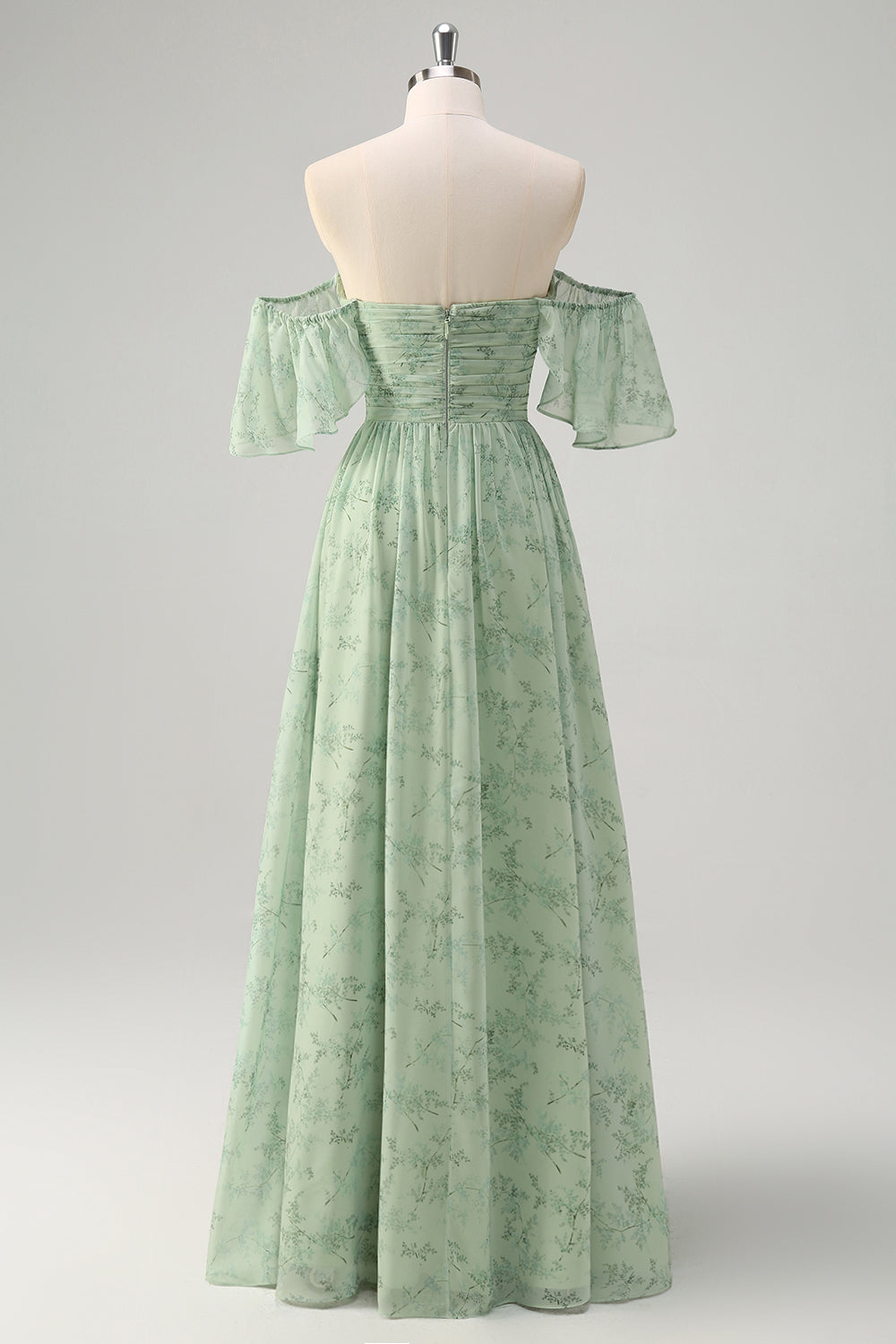 Dusty Sage A Linie Schulterfreies Drucken Langes Ballkleid mit Schlitz