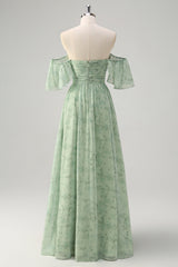 Dusty Sage A Linie Schulterfreies Drucken Langes Ballkleid mit Schlitz