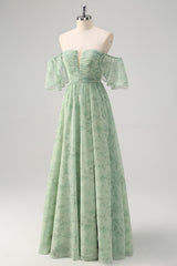 Dusty Sage A Linie Schulterfreies Drucken Langes Ballkleid mit Schlitz