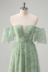 Dusty Sage A Linie Schulterfreies Drucken Langes Ballkleid mit Schlitz