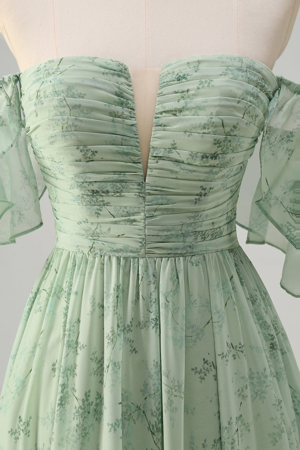 Dusty Sage A Linie Schulterfreies Drucken Langes Ballkleid mit Schlitz