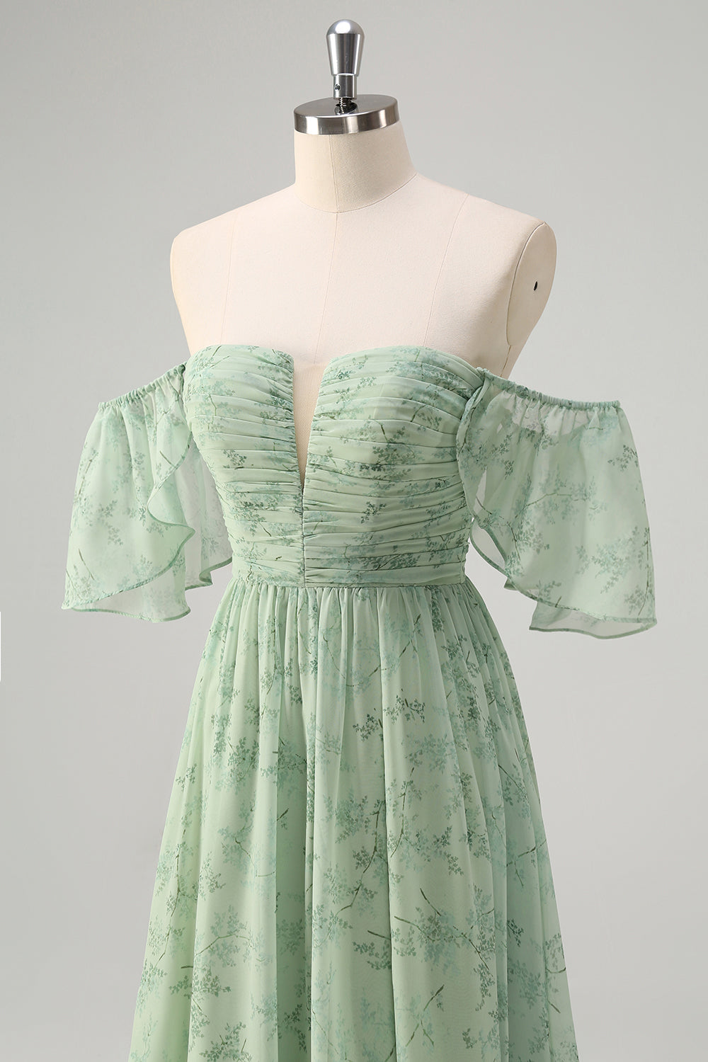 Dusty Sage A Linie Schulterfreies Drucken Langes Ballkleid mit Schlitz
