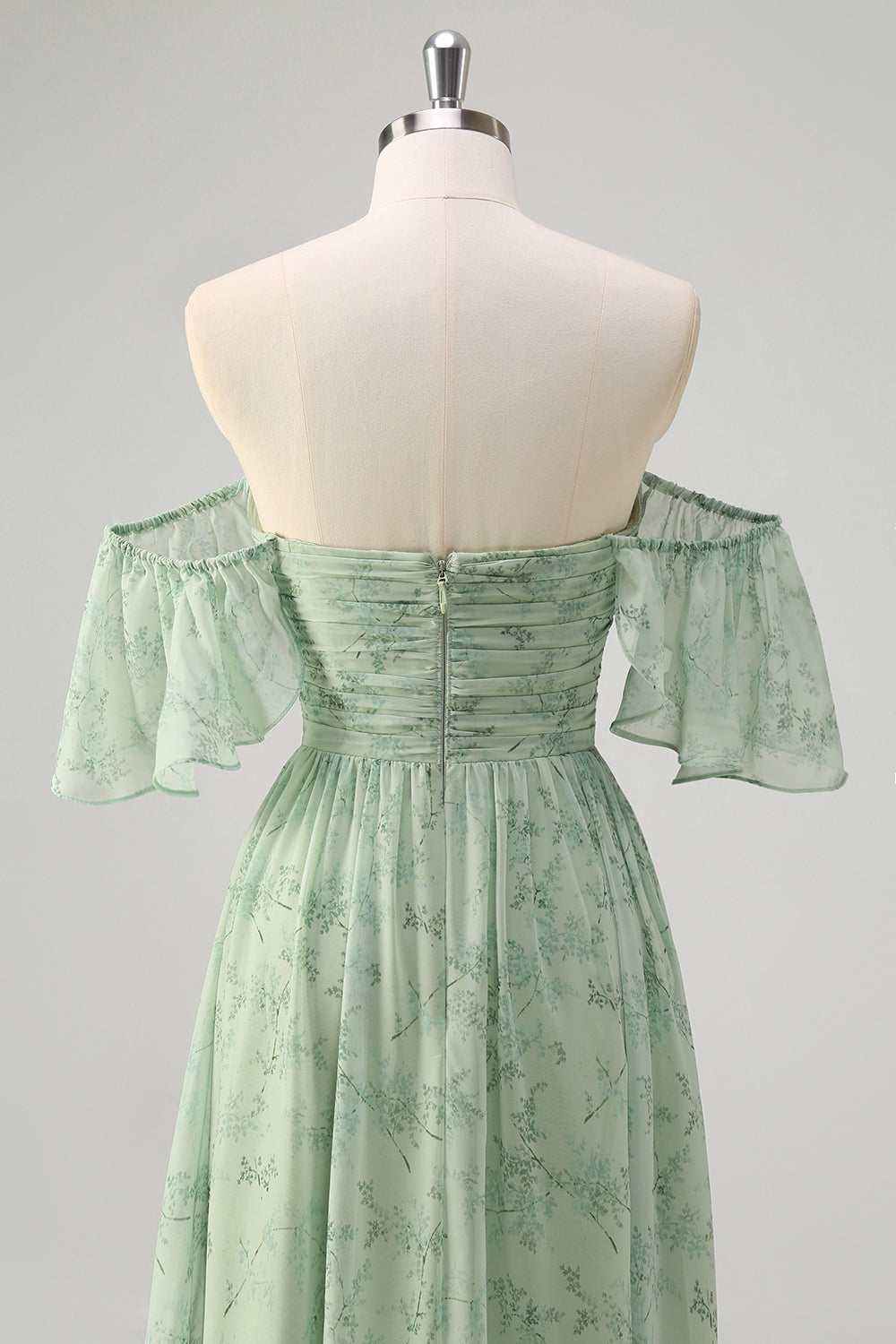 Dusty Sage A Linie Schulterfreies Drucken Langes Ballkleid mit Schlitz