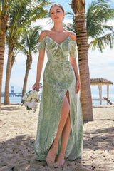 Dusty Sage Schulterfreies Samt Brautjungfernkleid mit Schlitz