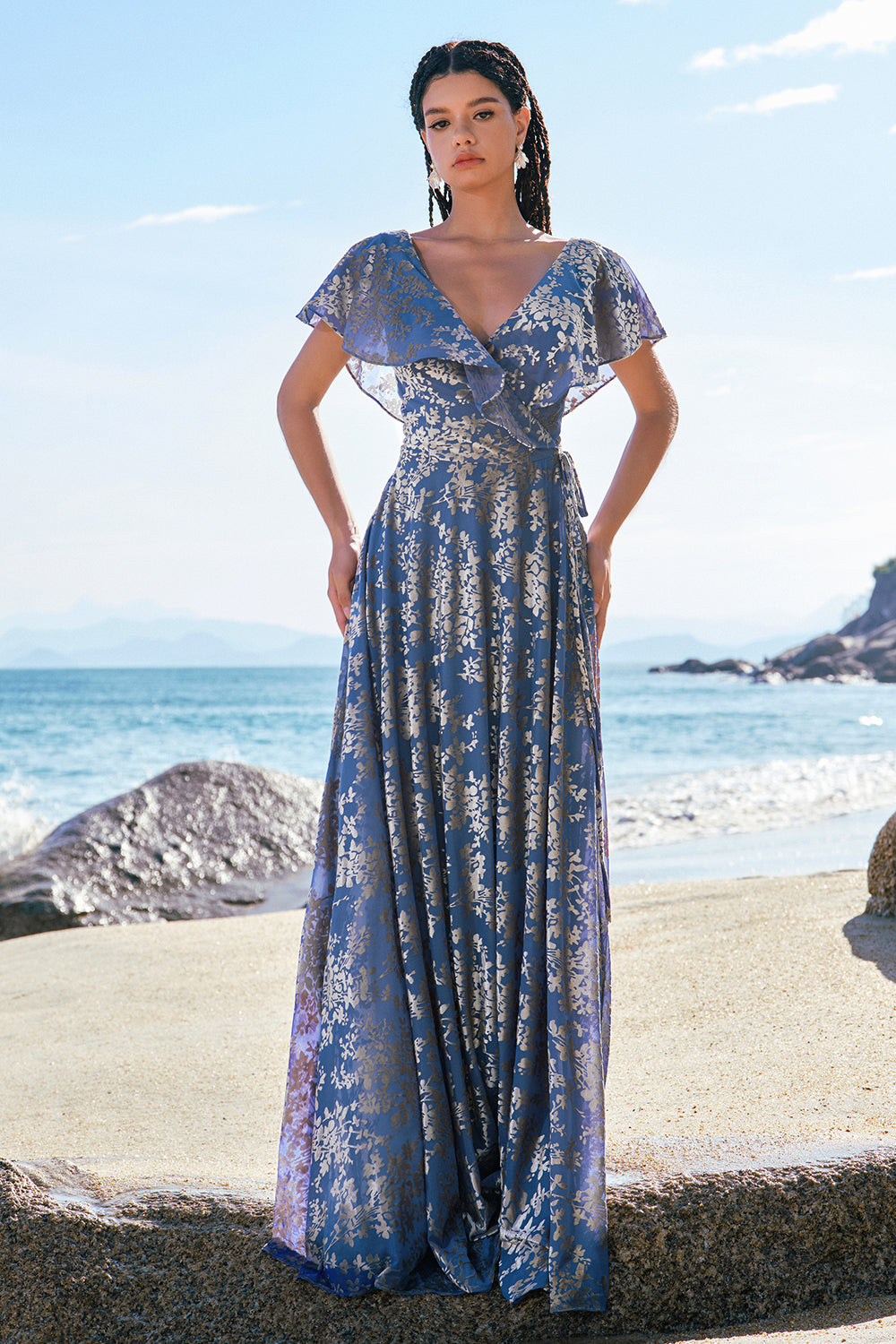 Grau Blau A-Linie V-Ausschnitt Burnout Samt Bedrucktes Langes Brautjungfernkleid