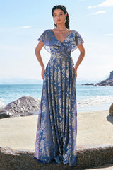 Grau Blau A-Linie V-Ausschnitt Burnout Samt Bedrucktes Langes Brautjungfernkleid