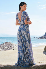 Grau Blau A-Linie V-Ausschnitt Burnout Samt Bedrucktes Langes Brautjungfernkleid
