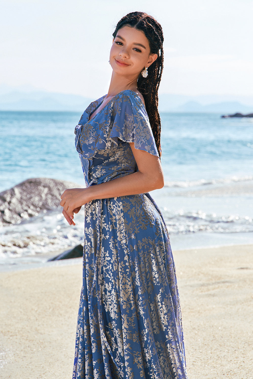 Grau Blau A-Linie V-Ausschnitt Burnout Samt Bedrucktes Langes Brautjungfernkleid