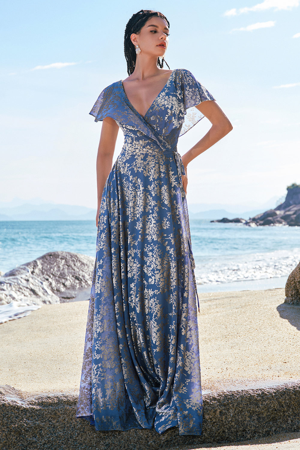 Grau Blau A-Linie V-Ausschnitt Burnout Samt Bedrucktes Langes Brautjungfernkleid