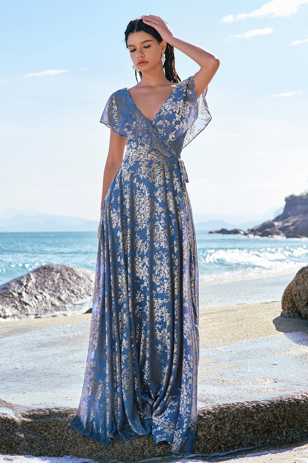 Grau Blau A-Linie V-Ausschnitt Burnout Samt Bedrucktes Langes Brautjungfernkleid