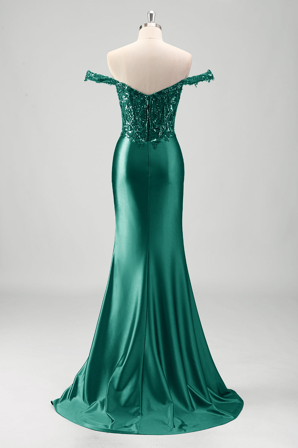 Glitzerndes grau-grünes Meerjungfrauen schulterfreies Pailletten Metallic Ballkleid mit Schlitz