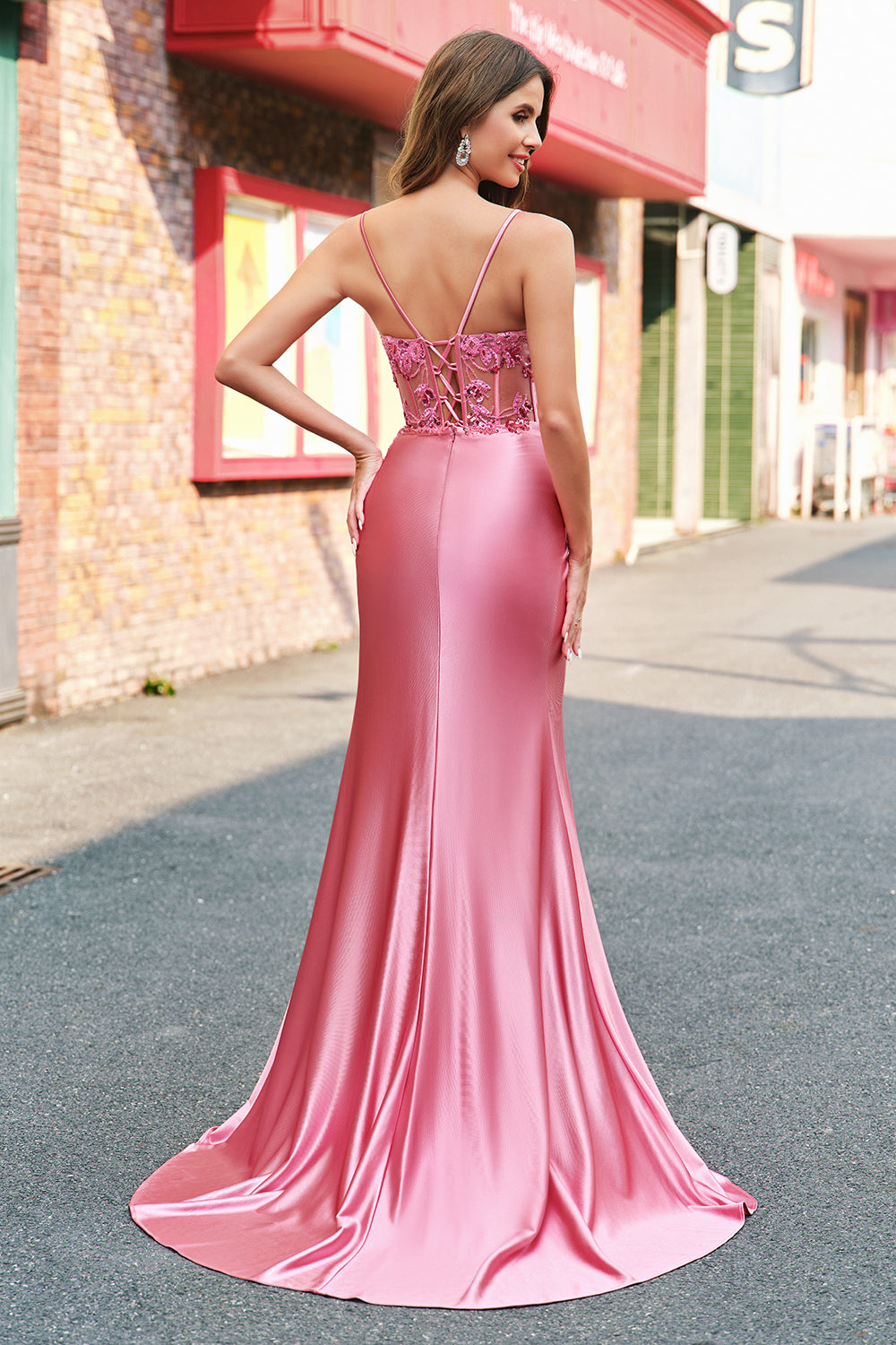 Meerjungfrau Satin Pailletten Korsett Koralle Langes Ballkleid mit Schlitz