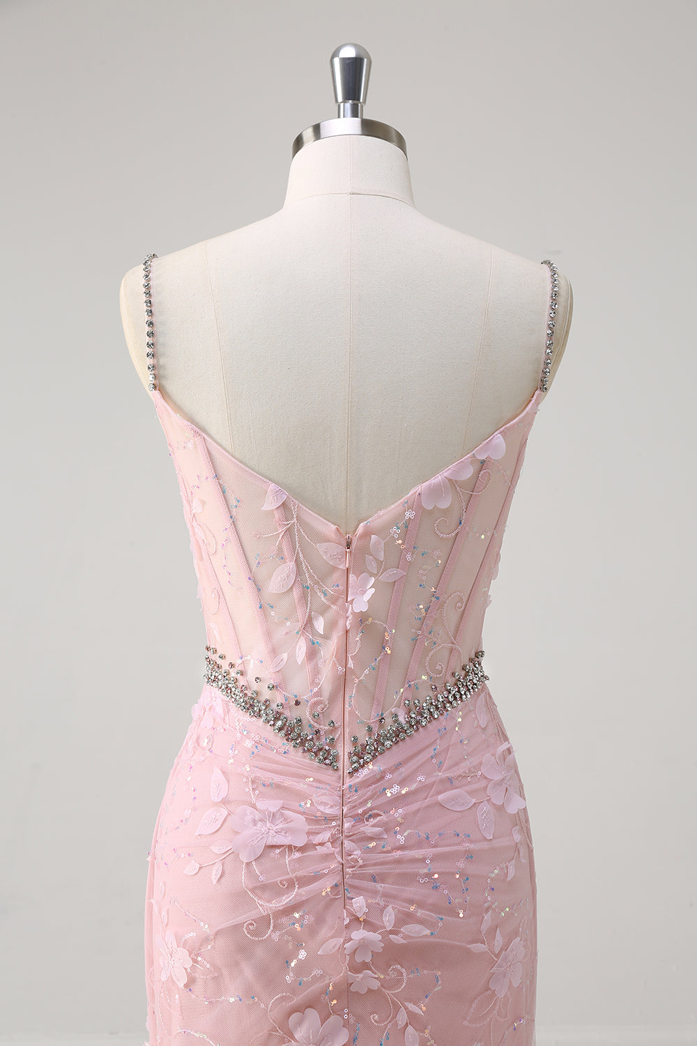 Rosa Meerjungfrau Spaghettiträger Pailletten Blumen Korsett Ballkleid mit Perlen