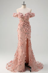 ZAPAKA Damen Blush Ballkleid mit 3D Blumen Meerjungfrau Schulterfreies Langes Abendkleid mit Schlitz