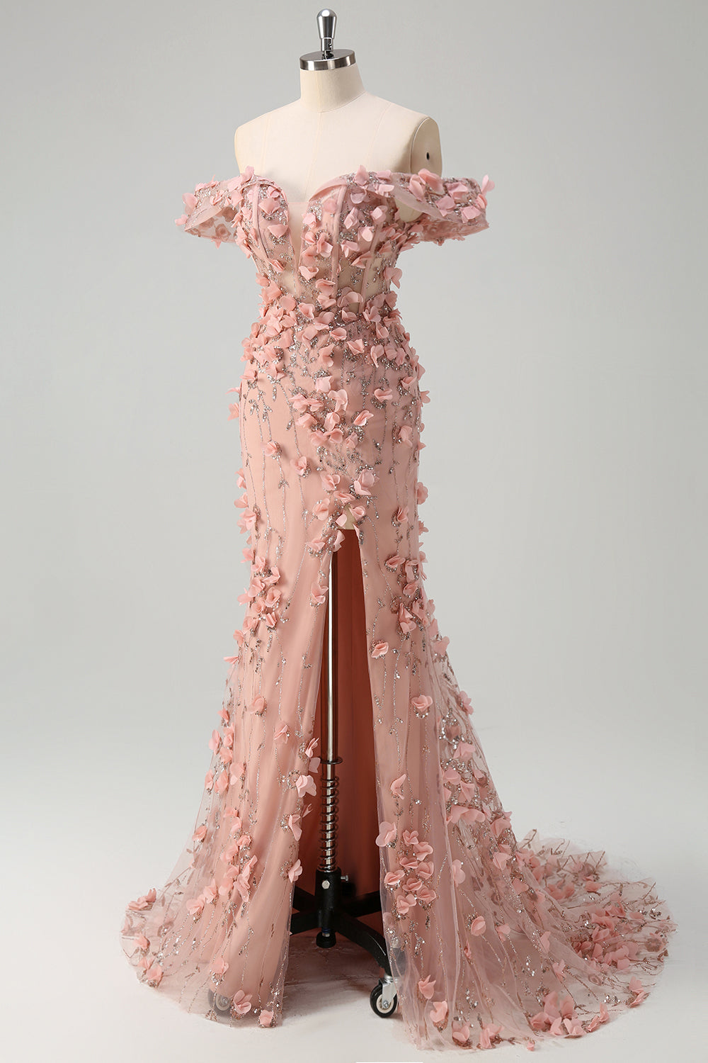 Blush Meerjungfrau Schulterfreies Langes Ballkleid mit Schlitz und 3D-Blumen