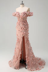 Blush Meerjungfrau Schulterfreies Langes Ballkleid mit Schlitz und 3D-Blumen