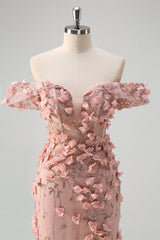 Blush Meerjungfrau Schulterfreies Langes Ballkleid mit Schlitz und 3D-Blumen