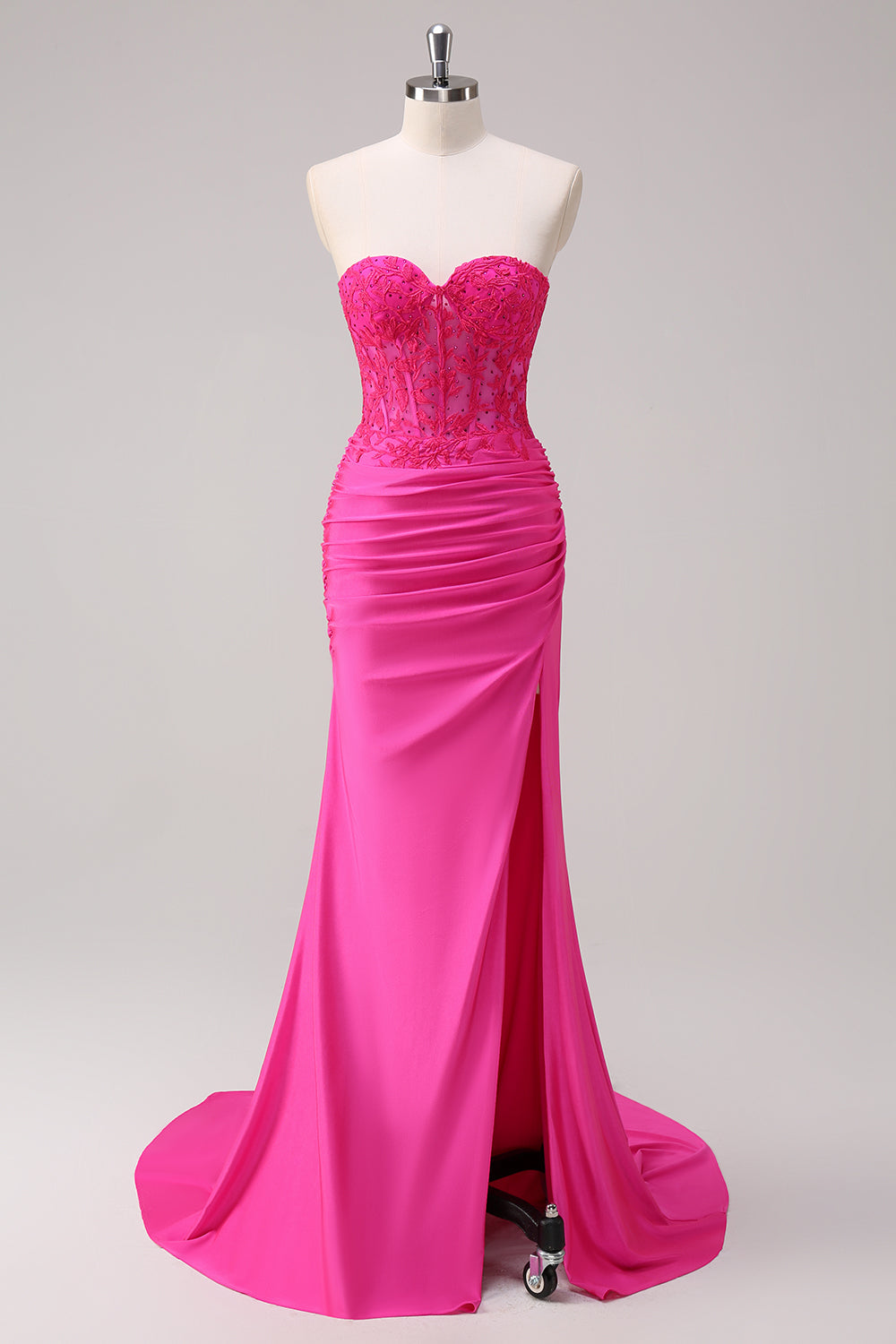 Fuchsia Meerjungfrau Trägerloses Gerafftes Korsett Langes Abendkleid mit Schlitz