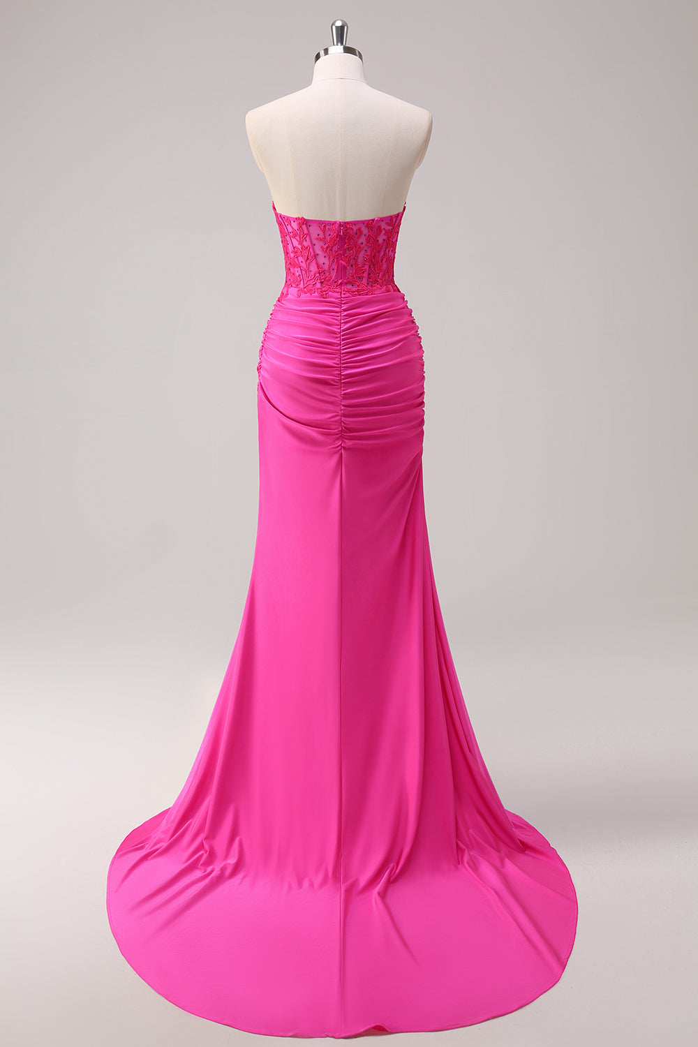 Fuchsia Meerjungfrau Trägerloses Gerafftes Korsett Langes Abendkleid mit Schlitz