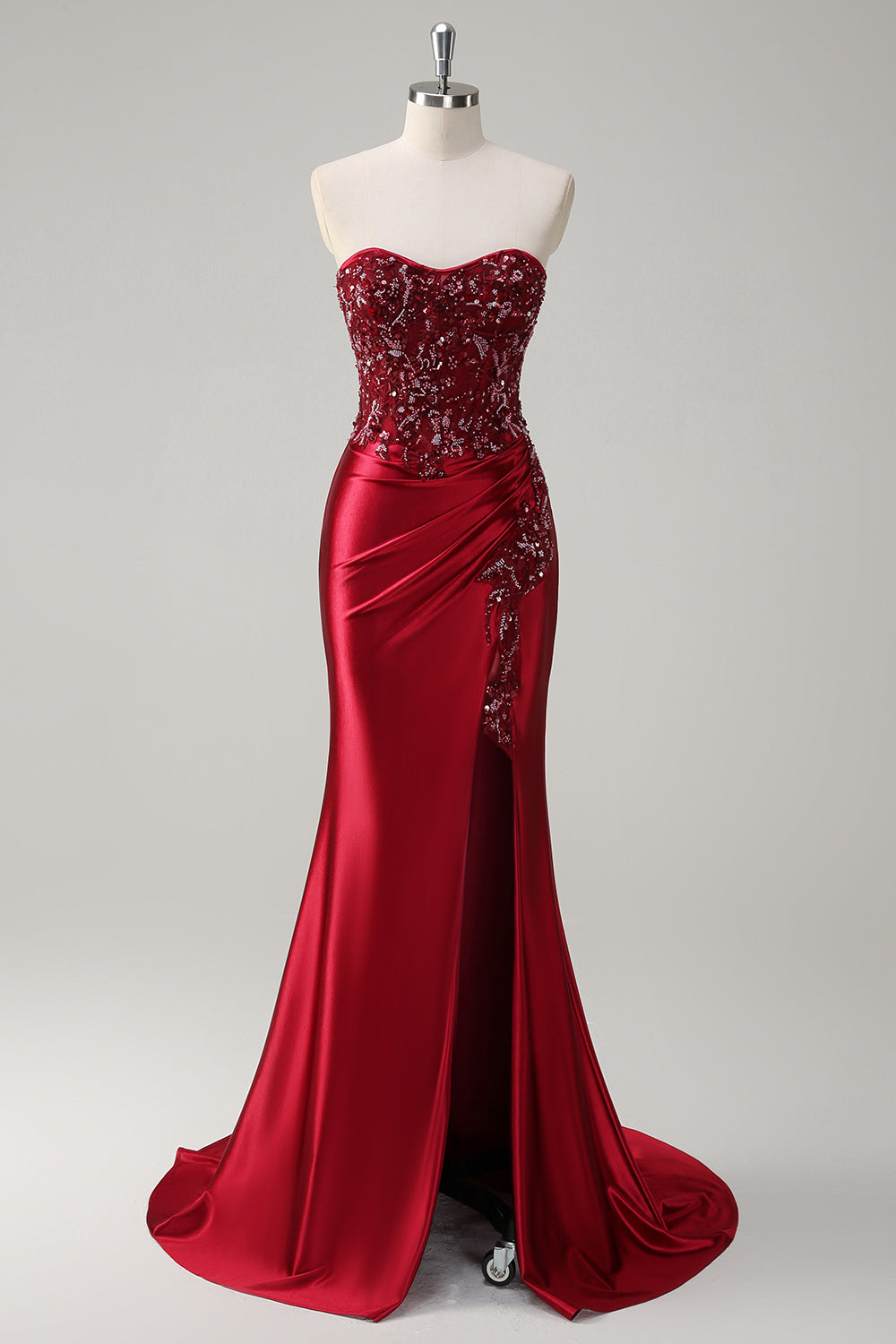 Zapaka Damen Meerjungfrau Burgunderrotes Langes Ballkleid mit Schlitz Trägerloses Abendkleid mit Perlenstickerei