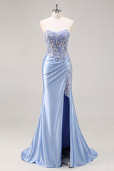 Funkelndes Blaues Meerjungfrauen Korsett Satin Langes Ballkleid mit Schlitz