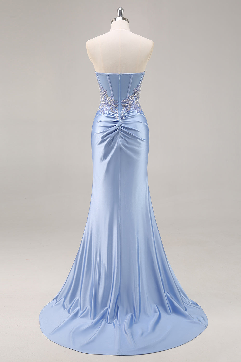 Funkelndes Blaues Meerjungfrauen Korsett Satin Langes Ballkleid mit Schlitz