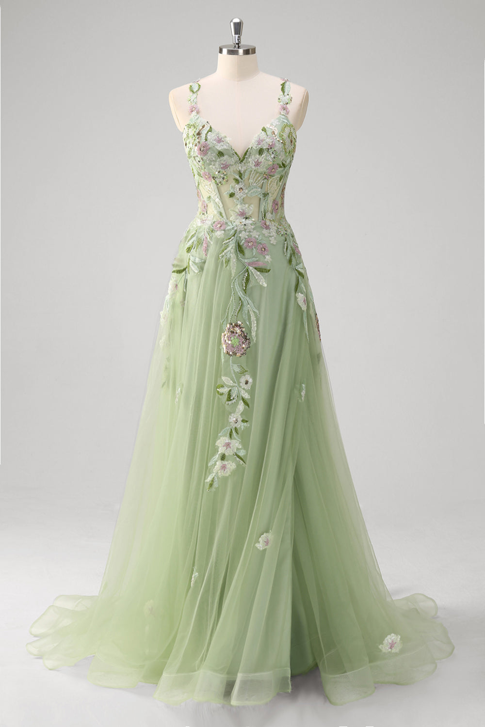 ZAPAKA Damen Grünes A-Linie Ballkleid mit Schlitz Spaghettiträgern Appliziertes Korsett Langes Tüll Abendkleid mit Pailletten