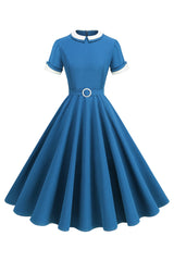 Blaues A-Linie Midikleid aus den 1950er Jahren mit Rundhalsausschnitt