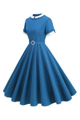 Blaues A-Linie Midikleid aus den 1950er Jahren mit Rundhalsausschnitt