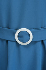 Blaues A-Linie Midikleid aus den 1950er Jahren mit Rundhalsausschnitt