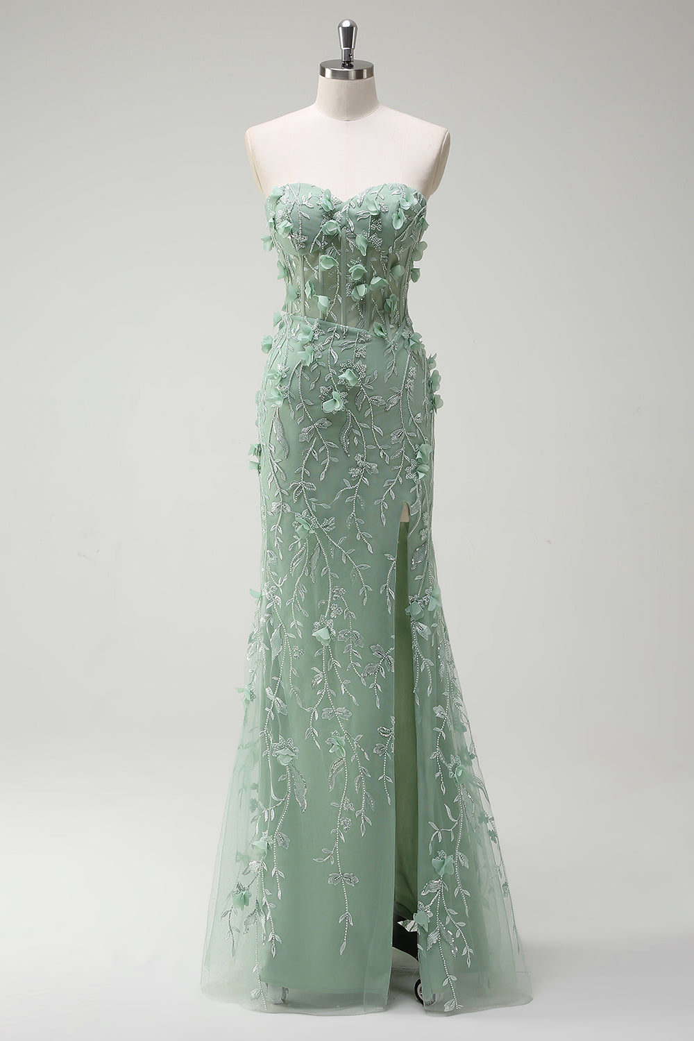 ZAPAKA Damen Salbei Langes Ballkleid mit Schlitz Meerjungfrau Herzausschnitt Blumen Abendkleid mit Applikationen