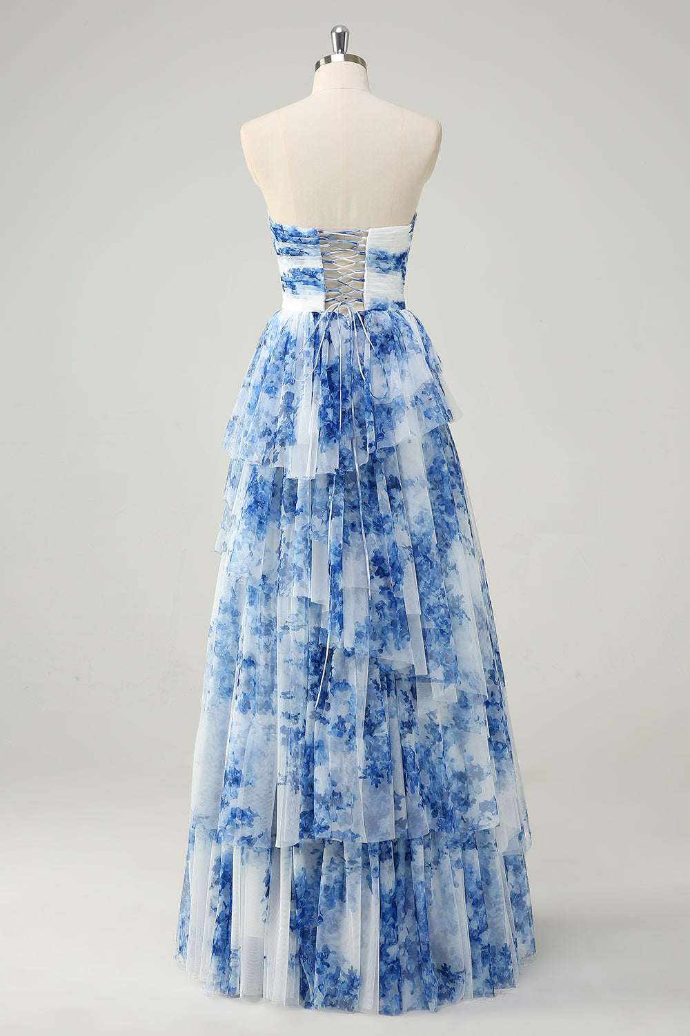 Weiß Blau Blume A-Linie Trägerloses gestuftes langes Ballkleid mit Schleifen