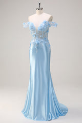 Himmelblaues Meerjungfrauen Schulterfreies Abendkleid mit Blumenmuster und 3D-Blumen