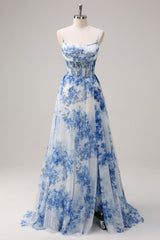 ZAPAKA Damen Weiß Blau Blume Korsett Langes Abendkleid mit Schlitz Spaghettiträger Rüschen Ballkleid
