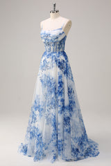 Weiß Blau Blume Spaghettiträger Korsett Rüschen Langes Ballkleid mit Schlitz