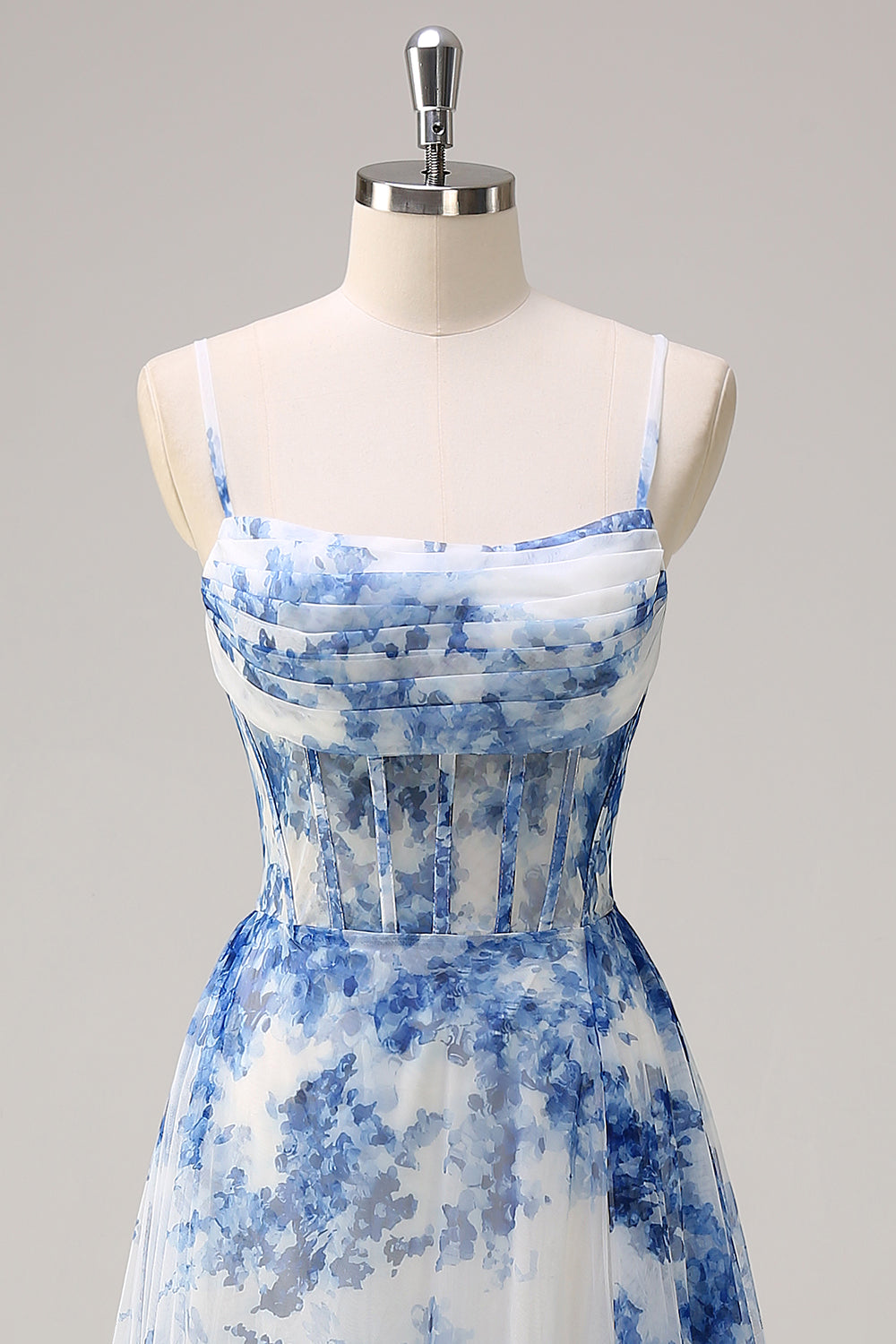 Weiß Blau Blume Spaghettiträger Korsett Rüschen Langes Ballkleid mit Schlitz