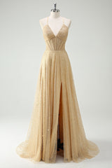 Zapaka Damen Goldes Langes Ballkleid mit Criss Cross Rücken Pailletten A-Linie Spaghettiträger Abendkleid mit Schlitz