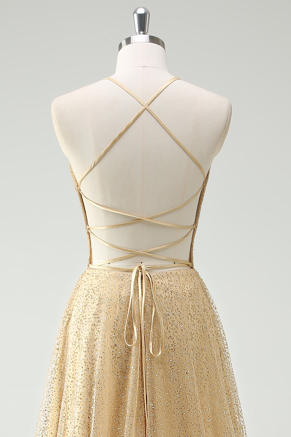 A Linie Gold Pailletten Spaghettiträger Ballkleid mit Schlitz
