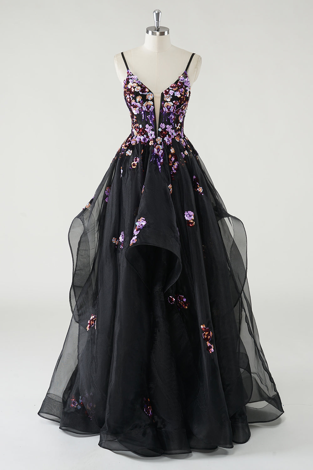 ZAPAKA Damen Schwarzes Langes Ballkleid A-Linie Tiefes V-Ausschnitt Abendkleid mit Pailletten Applikationen