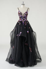 ZAPAKA Damen Schwarzes Langes Ballkleid A-Linie Tiefes V-Ausschnitt Abendkleid mit Pailletten Applikationen
