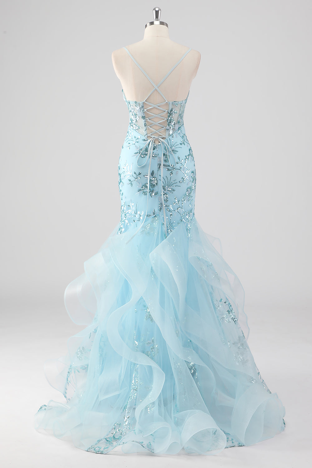 Himmelblaues Meerjungfrau Spaghettiträger Pailletten Langes Ballkleid mit Rüschen
