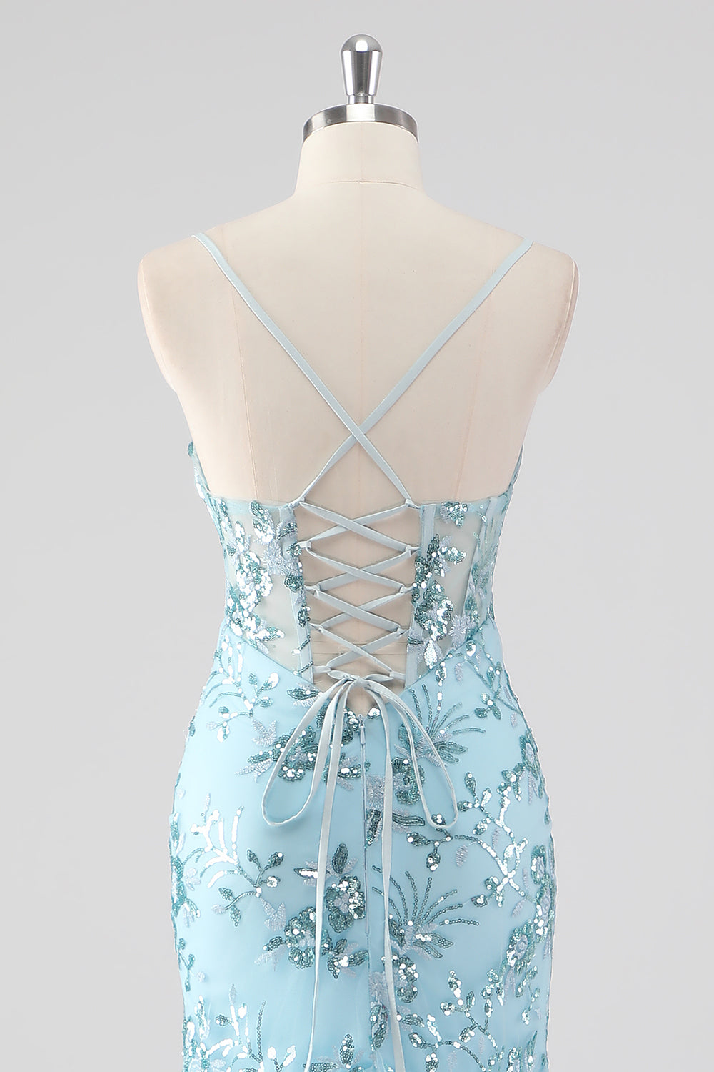 Himmelblaues Meerjungfrau Spaghettiträger Pailletten Langes Ballkleid mit Rüschen