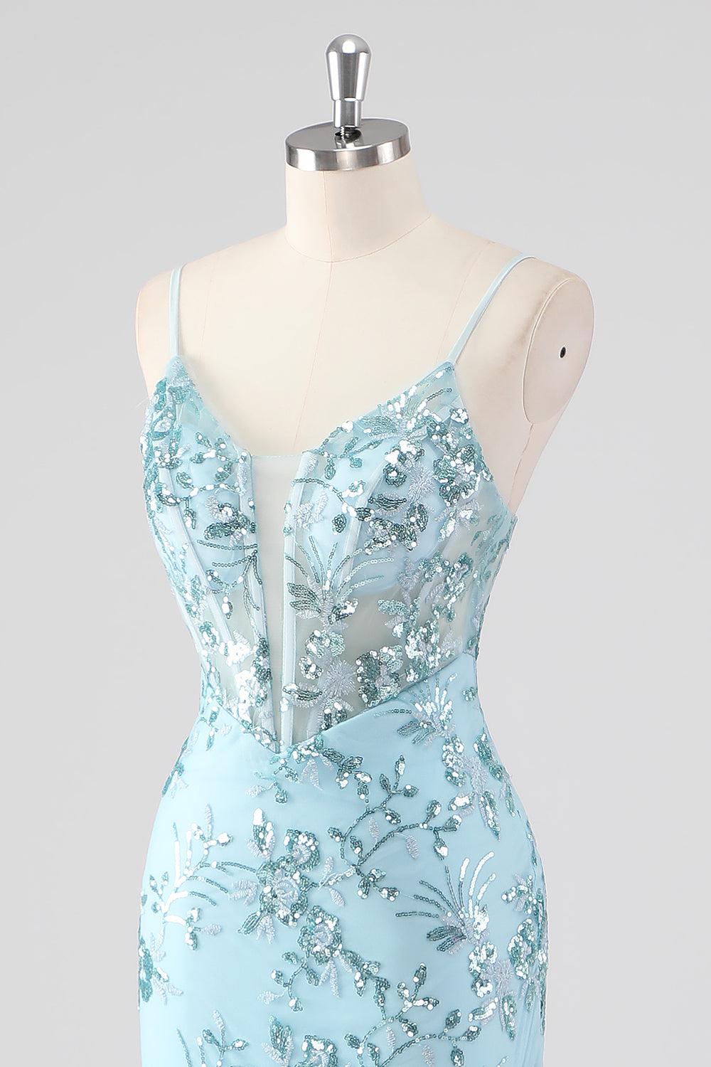 Himmelblaues Meerjungfrau Spaghettiträger Pailletten Langes Ballkleid mit Rüschen