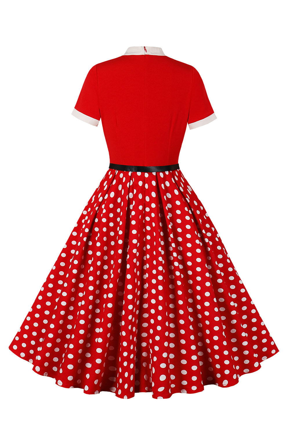 A Linie Schwarzes Polka Dots Kurzarm Kleid aus den 1950er Jahren mit Gürtel