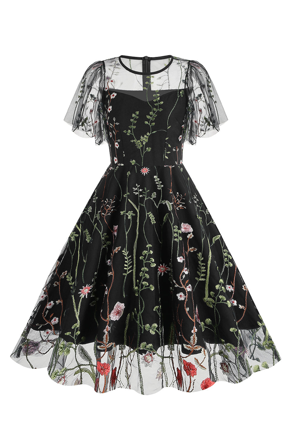 Aprikose A Linie bedrucktes Tüll Kleid aus den 1950er Jahren mit kurzen Ärmeln