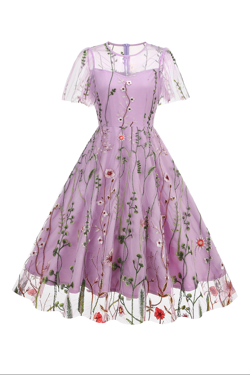 Aprikose A Linie bedrucktes Tüll Kleid aus den 1950er Jahren mit kurzen Ärmeln