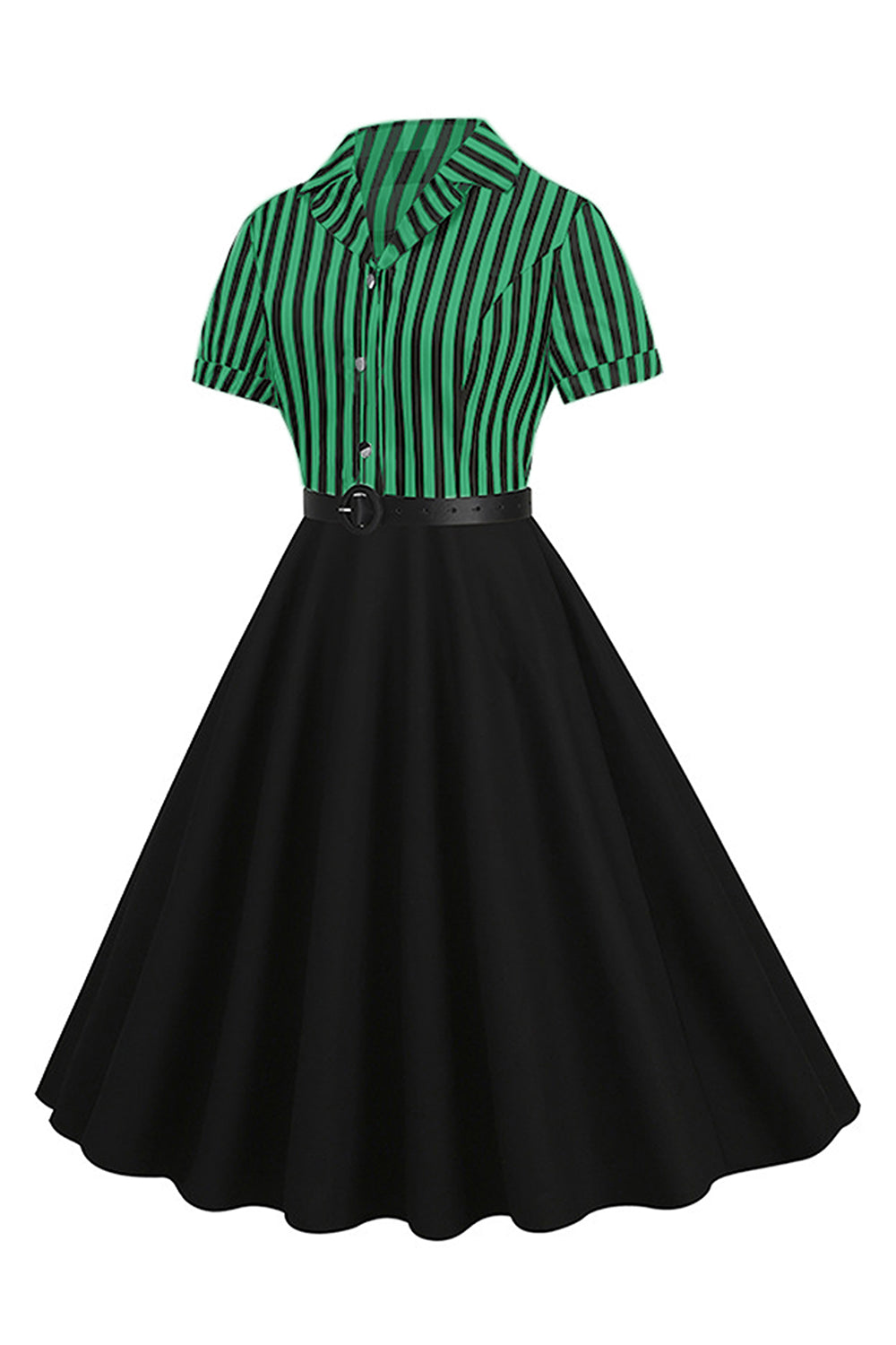 A Linie Schwarzes gestreiftes Kleid aus den 1950er Jahren mit kurzen Ärmeln
